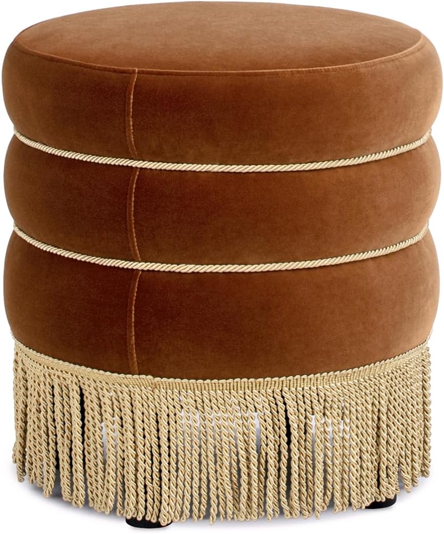 Edward Round Ottoman, Performance Velvet Ottoman, Burnt Orange Footrest with Bullion Fringe, 17.5 Inch Upholstered Seat and Accent Table for Living Room, Bedroom, Entryway