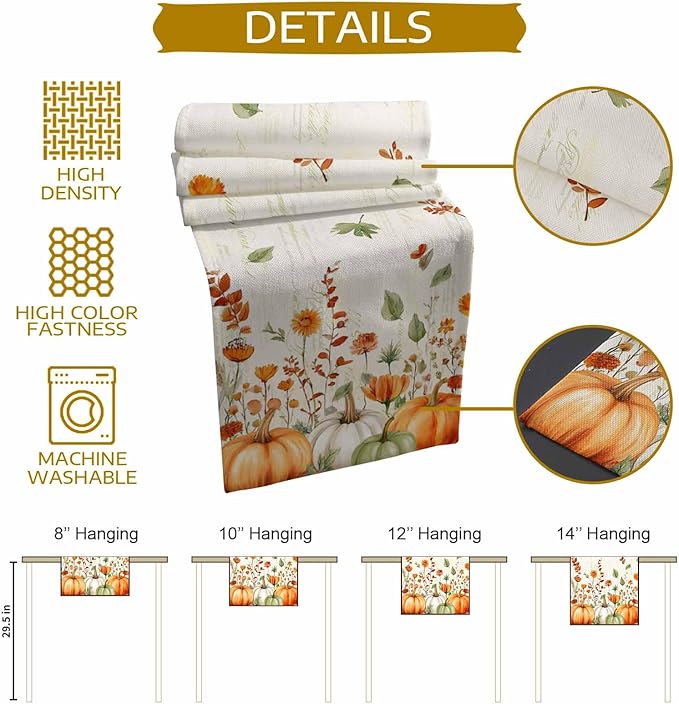 Fall Wildflowers Cotton Linen Table Runner for Dining Kitchen, Thanksgiving Pumpkin Outdoor Party Rustic Tablerunners Decoration, Botanical Floral Vintage Dresser Scarf Tablecloth Runners 13x72 Inches