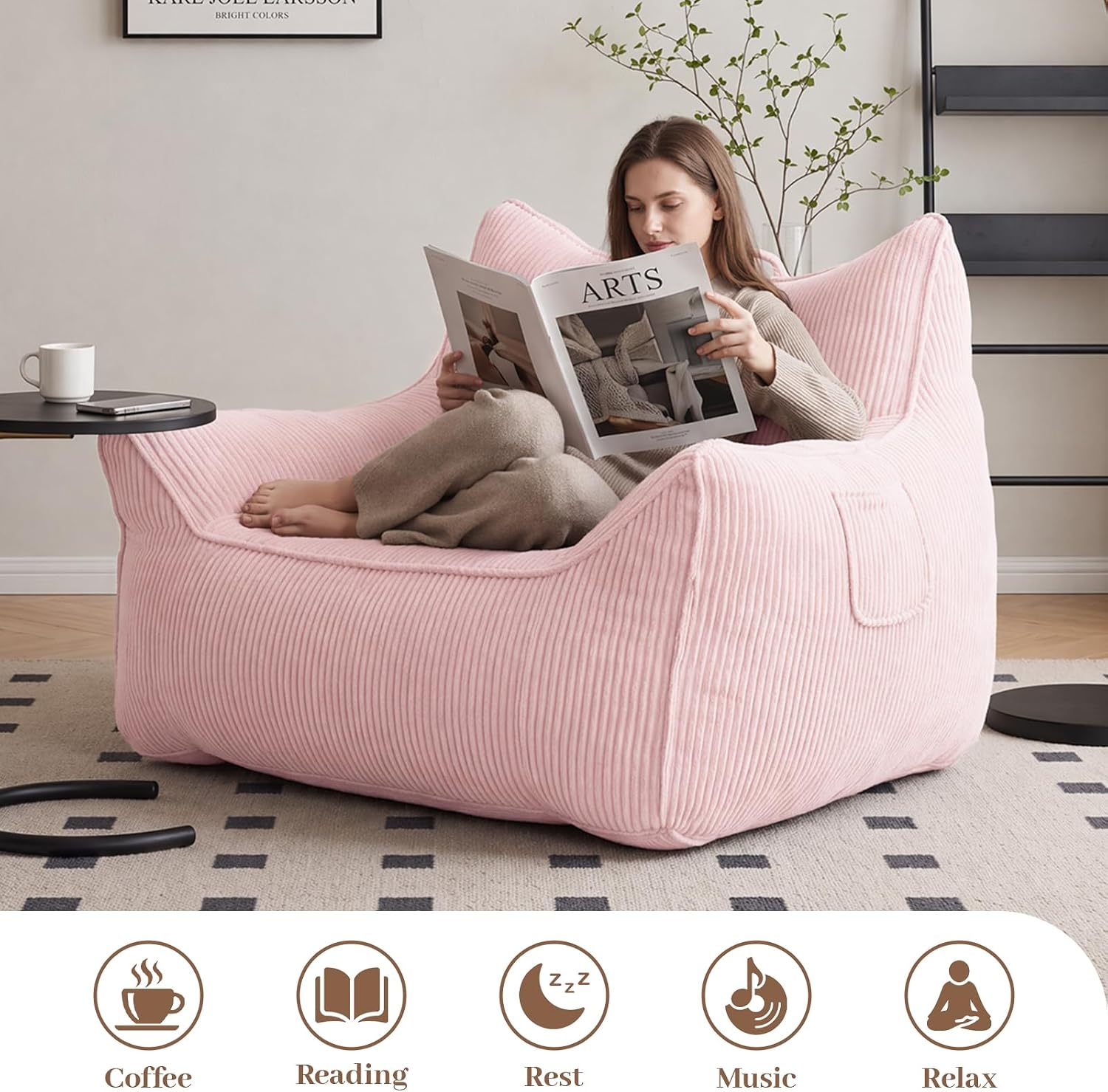 Vipbear Bean Bag Chair for Adults, Chair with Memory Foam | 35.5" Corduroy Beanbag Washable, Cozy Fluffy Chair with Pocket & Handle, Ergonomic Bedroom Sofa Chair for Gaming, Reading