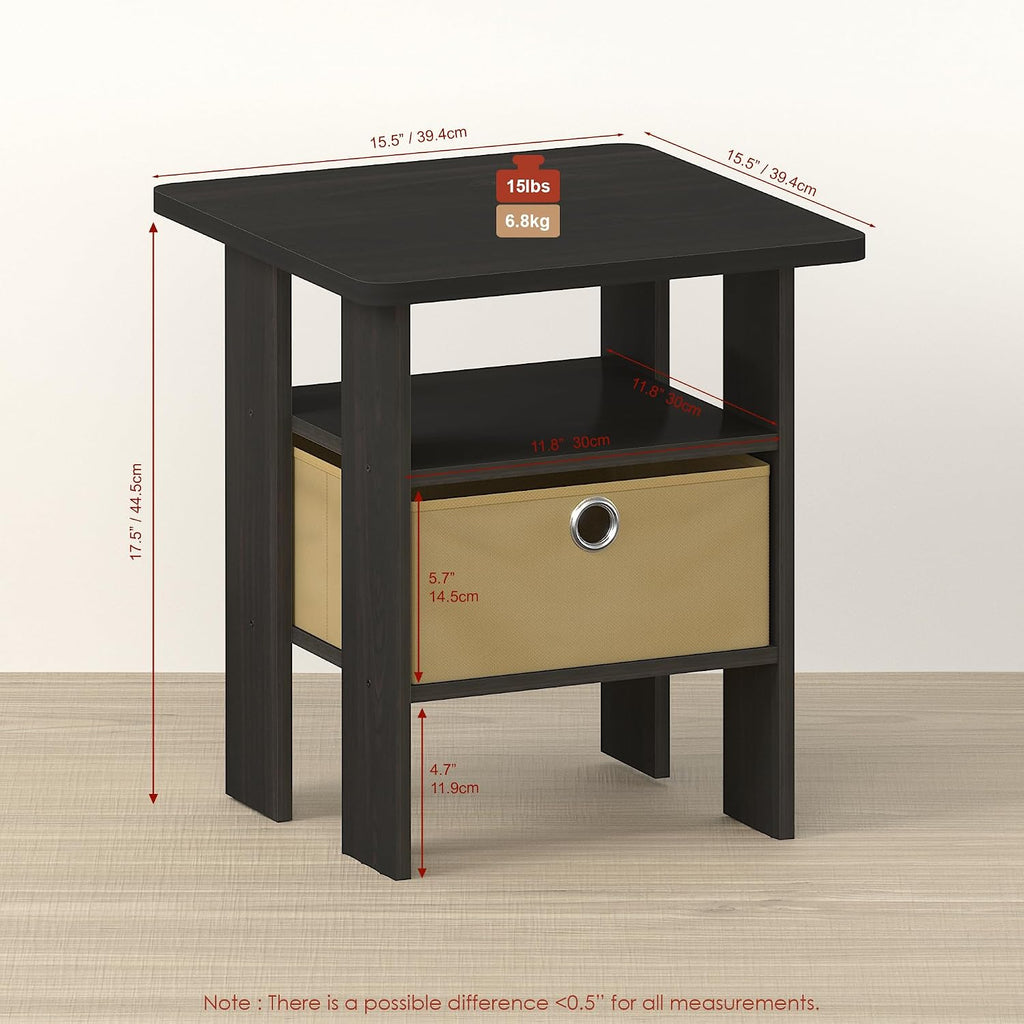 OTA Side Table, End Table, Night Stand with Bin Drawer, Ebony/Brown, Set of 2