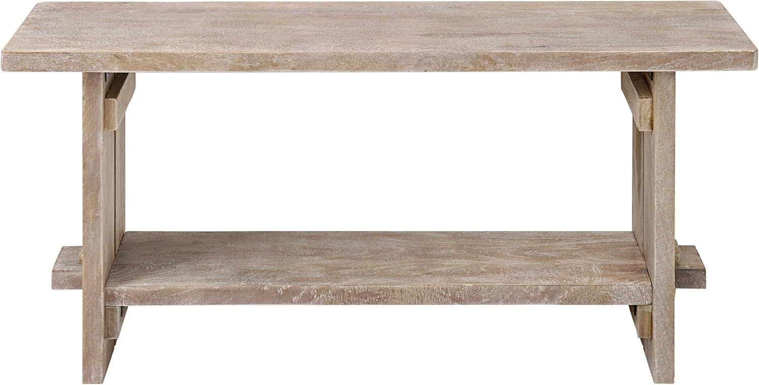 Alaterre Furniture Bethel Entryway Bench with Storage Shelf – Rustic Farmhouse 40-Inch Solid Acacia Wood Seat for Mudroom, Foyer or Hallway (Driftwood Finish)