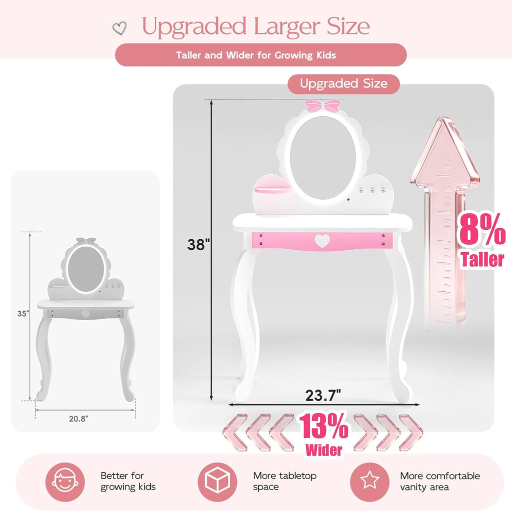 MU Kids Vanity Set with Lighted Mirror and Stool, Kids Makeup Vanity Desk with Storage Space, Bow Pattern for Girls, Toddler Princess Makeup Dressing Table with Chair Set, White