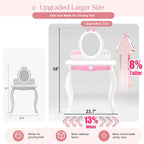 MU Kids Vanity Set with Lighted Mirror and Stool, Kids Makeup Vanity Desk with Storage Space, Bow Pattern for Girls, Toddler Princess Makeup Dressing Table with Chair Set, White