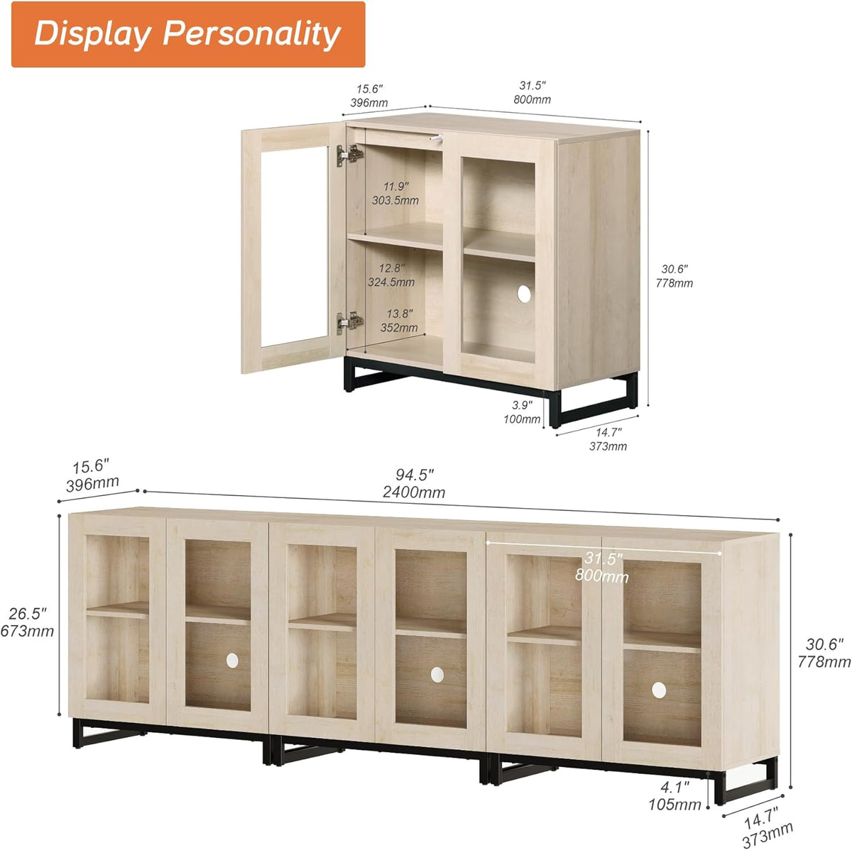 WAMPAT Sideboard Buffet Cabinets, Modern Credenza Sideboard with Adjustable Shelf and Metal Base, Coffee Bar Cabinet Accent Storage Cabinet for Living Room, Kitchen, Beige-A, 3 Pcs