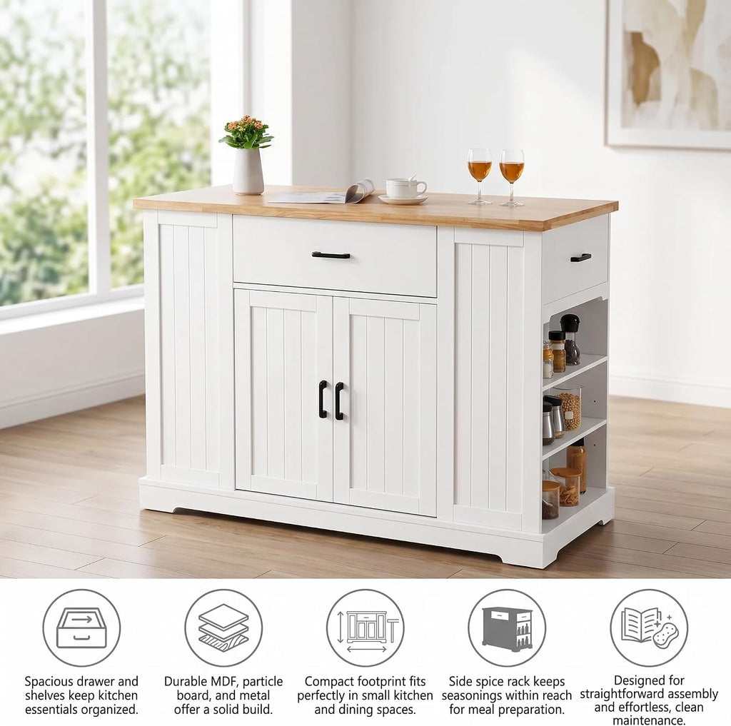 46 Inch Kitchen Island Cart with Storage Cabinet, Wood Top Breakfast Bar with Drawer, Multifunctional Kitchen Table with