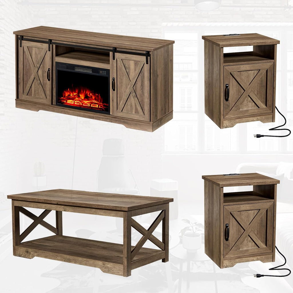 AMERLIFE Farmhouse 5 Piece Living Room Table Set, 59" TV Stand, Barnwood | TV Console for Living Room with 23" Electric Fireplace, 40" Coffee Table and 2 End Tables with Charging Station and USB Ports