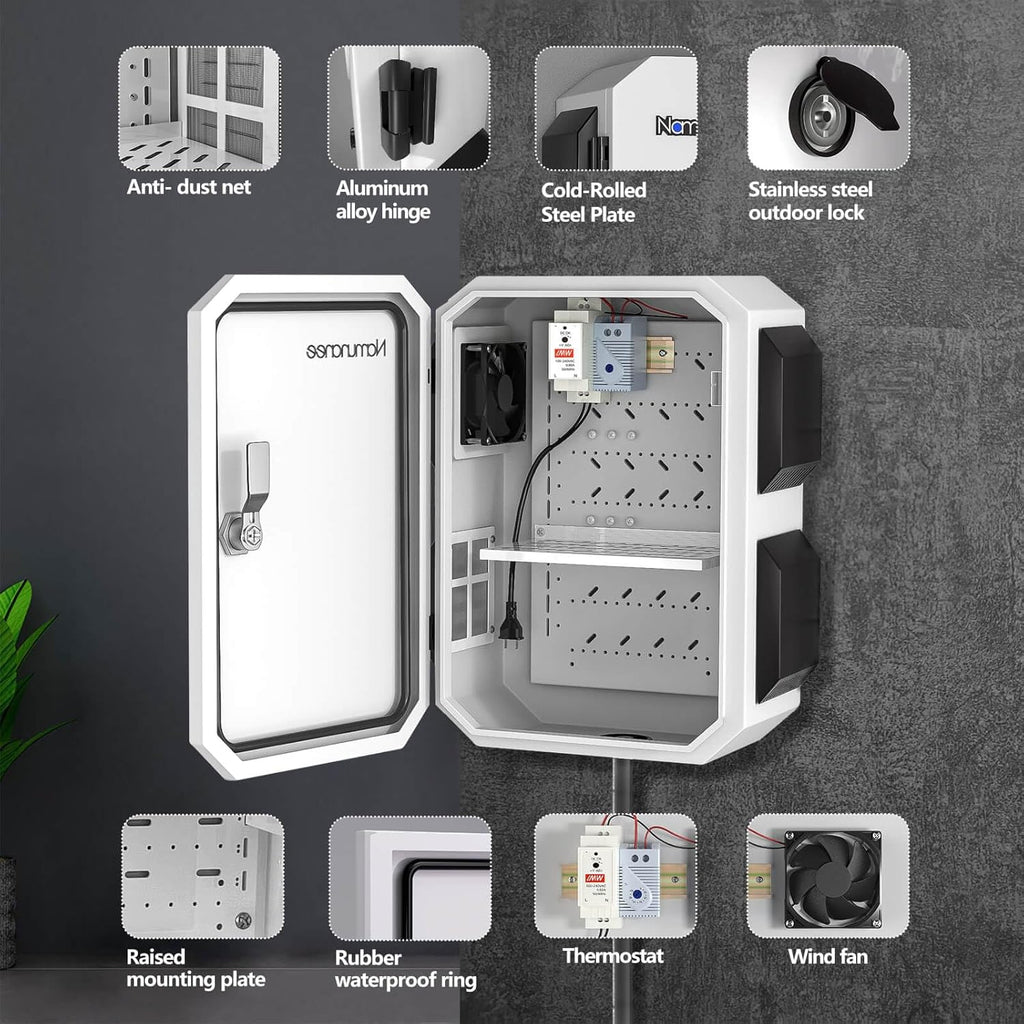 Outdoor Electrical Box with Thermostat and Fan, Cold-Rolled Steel Plate, Aluminum Alloy Back Beam, One-Piece Ventilation Design, IP65 Waterproof, Wall/Pole Mounted. (17.7" x 13.8" x 7.9")