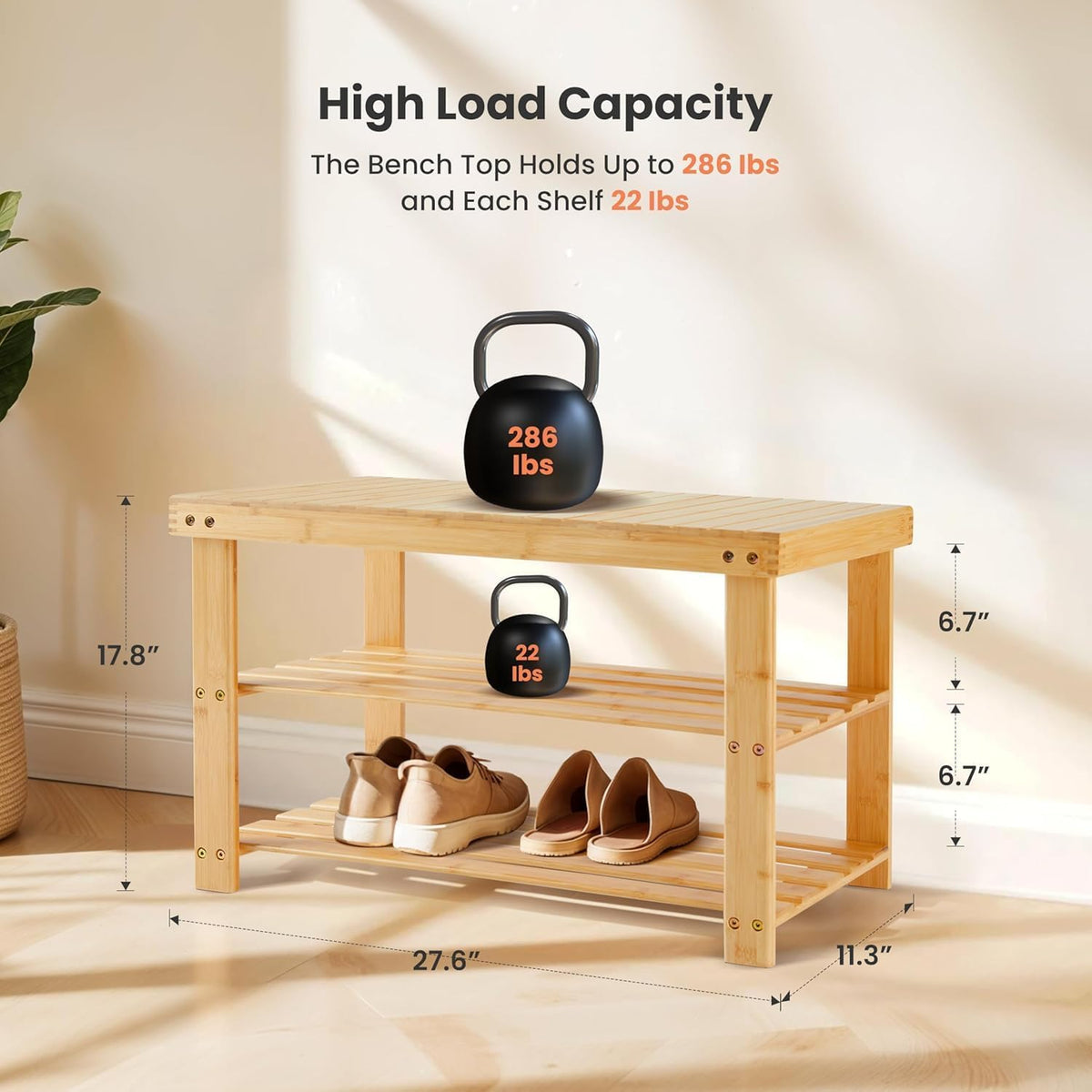 Simple Deluxe Bamboo Shoe Rack Bench, 3 Tier Sturdy Shoe Bench, Storage Shoe Organizer, 286lb Capacity Entryway Bench,Storage Bench for Front Door, Bedroom, Living Room, Bathroom, Balcony