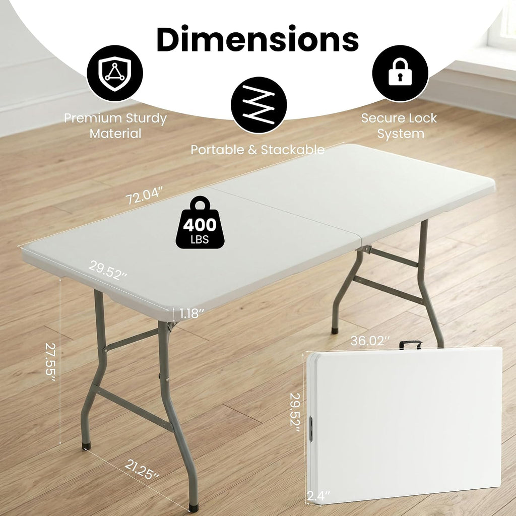5 Pack of 6 Foot Foldable Table with Built in Handle & Steel Legs | 6FT Portable Heavy Duty Plastic Folding Tables for Party, Dining, Wedding, Events, Picnic, Indoor & Outdoor, Camping, Utility