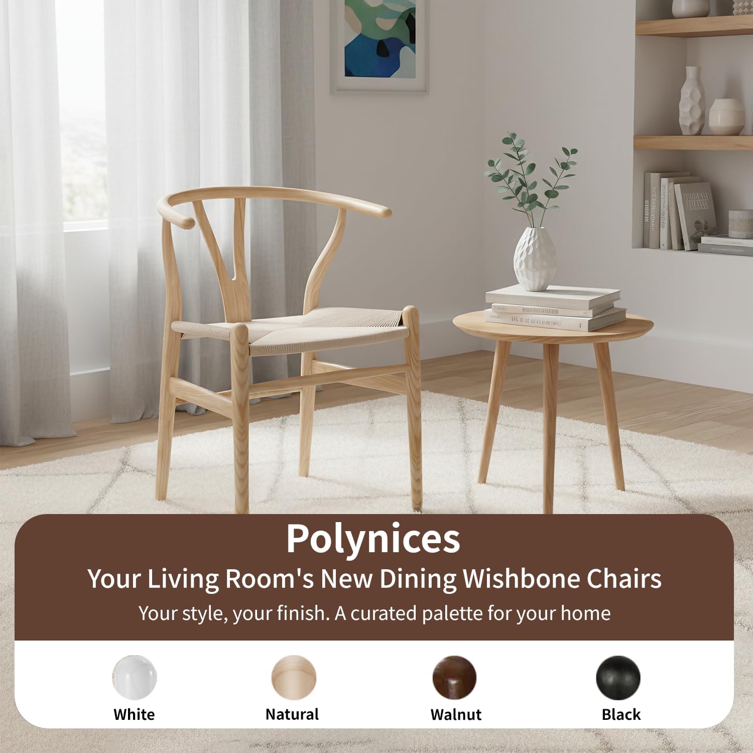 Polynices Wishbone Chair, Weave Modern Solid Wood Mid-Century Y Shaped Backrest Dining Chair (Natural)