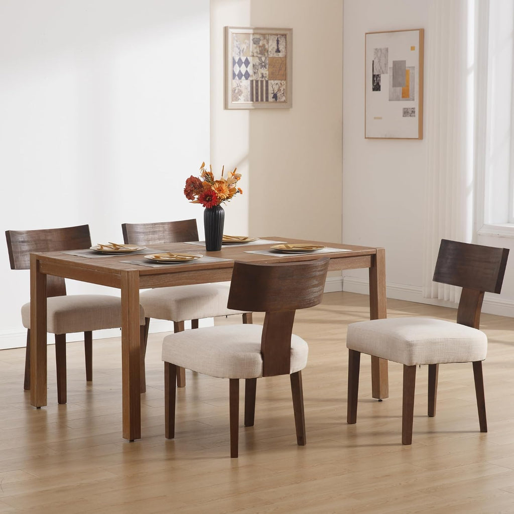 Farmhouse Dining Chairs Set of 4, Upholstered Dark Brown Solid Wooden Chairs with T-Shape Back, Armless Kitchen Chairs Comfy Accent Chairs, Linen Beige