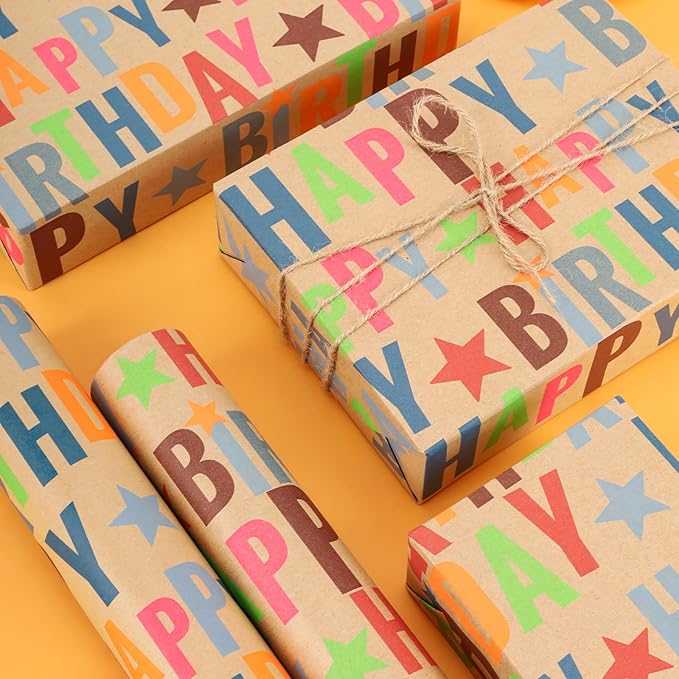 LaRibbons Birthday Wrapping Paper Roll for Kids, 17 Inch x 16.5 Feet Kraft Gift Wrap Paper with Colorful Text Happy Birthday Pattern for Boys Holiday Party
