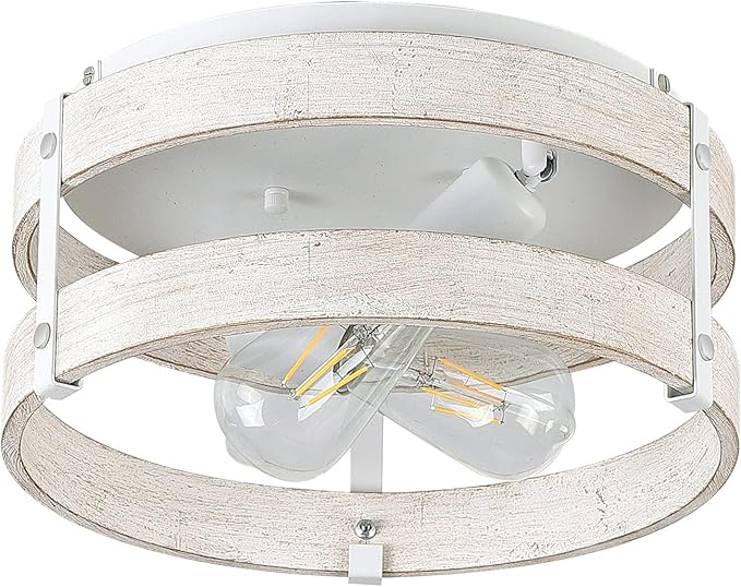 Modern Farmhouse ?Antique White Distressed Flush Mount Light Fixture 2-Light Wood Drum Semi Flush Mount Ceiling Light for Hallway Bedroom Kitchen Entryway Farmhouse