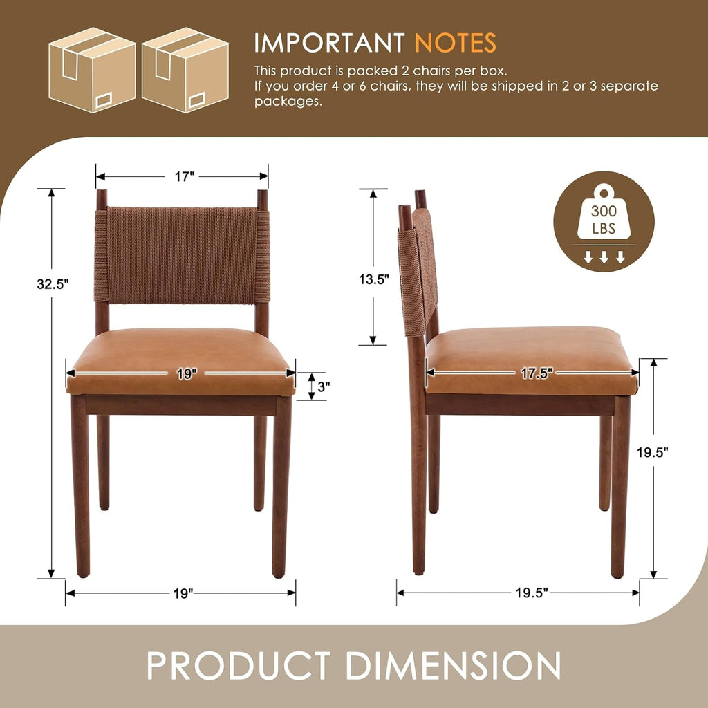 CIMOTA Brown Leather Dining Chairs Set of 2, Mid Century Modern Upholstered Dining Room Chairs with Woven Back, Armless Kitchen Chairs with Walnut Solid Wood Legs, PU