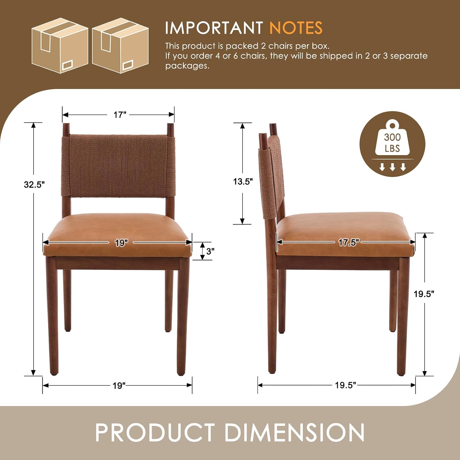 CIMOTA Brown Leather Dining Chairs Set of 2, Mid Century Modern Upholstered Dining Room Chairs with Woven Back, Armless Kitchen Chairs with Walnut Solid Wood Legs, PU