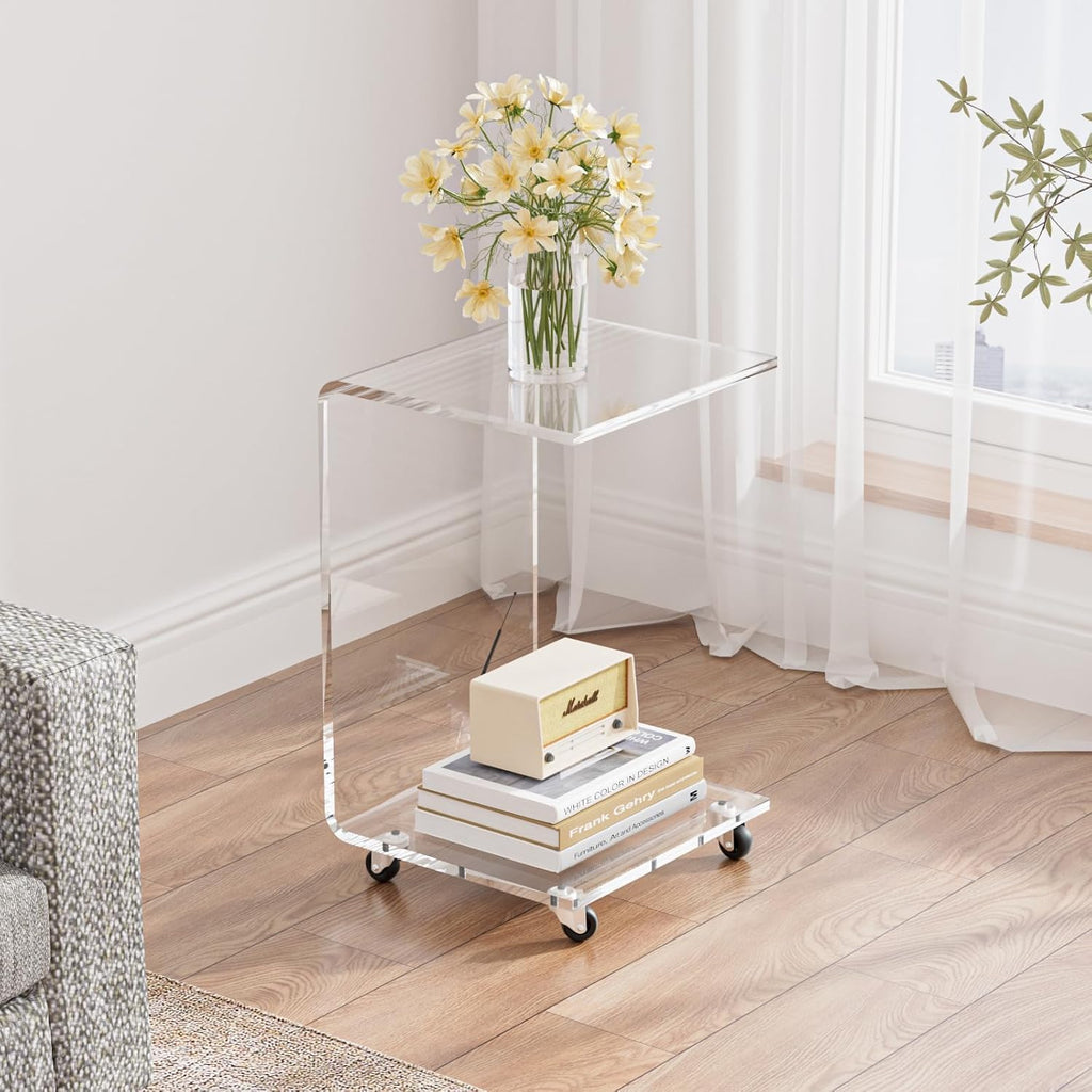 Acrylic C Table with Wheels, 2-Tier Mobile Side Table for Small Spaces, Sofa/Couch End Table, Clear Drink Table, Modern Laptop Stand for Living Room Bedroom, 13.8" L x 13" W x 22" H