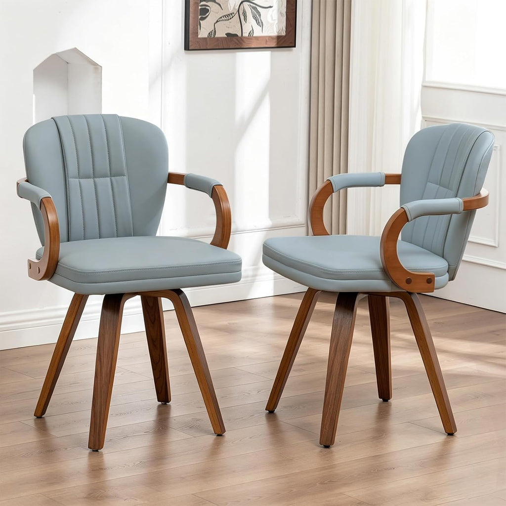 Swivel Dining Chairs with Arms | Mid Century Modern Blue Faux Leather Kitchen Chairs,Bentwood Side Chairs,Ergonomic Wood Accent Chair No Wheels 1PCS