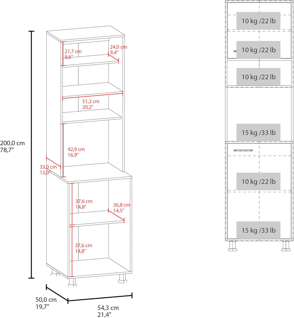 FM FURNITURE Kitchen Pantry Storage Cabinet, Freestanding Organizer with Doors and Open Shelves, Space Saving Kitchen Storage, White