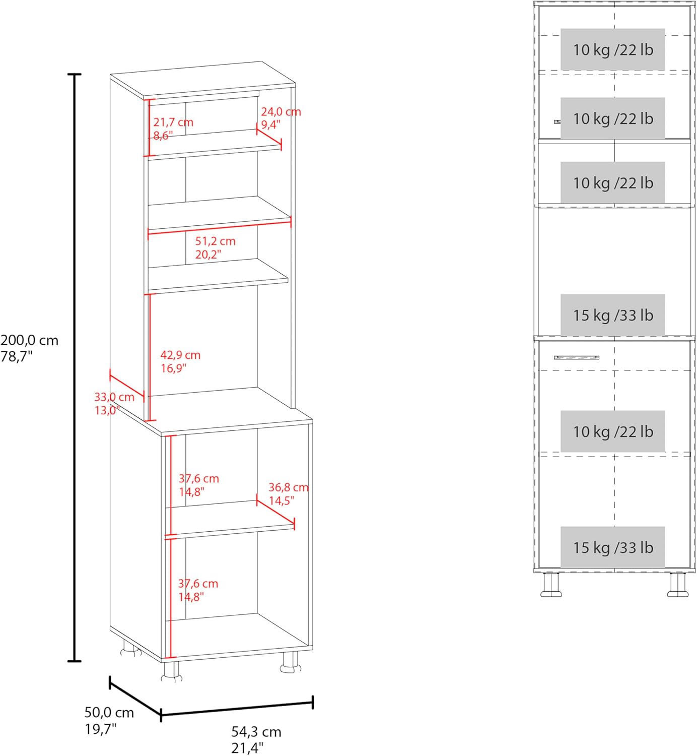 FM FURNITURE Kitchen Pantry Storage Cabinet, Freestanding Organizer with Doors and Open Shelves, Space Saving Kitchen Storage, White
