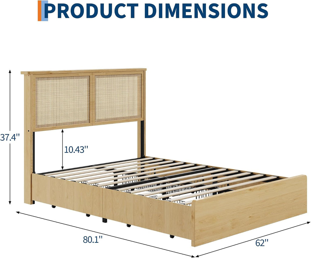 GAOMON Queen Size Bed Frame with 4 Storage Drawers and Rattan Headboard