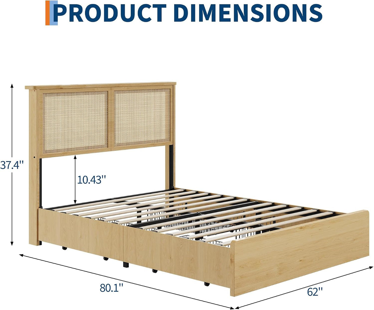 GAOMON Queen Size Bed Frame with 4 Storage Drawers and Rattan Headboard