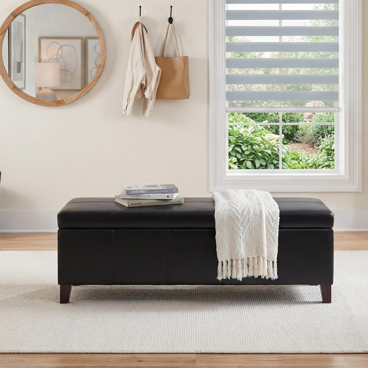 51 Inch Storage Ottoman Bench, Faux Leather Foot Rest with Hinged Lid, Long Rectangle Bed Bench for Living Room, Bedroom, Entryway, Black