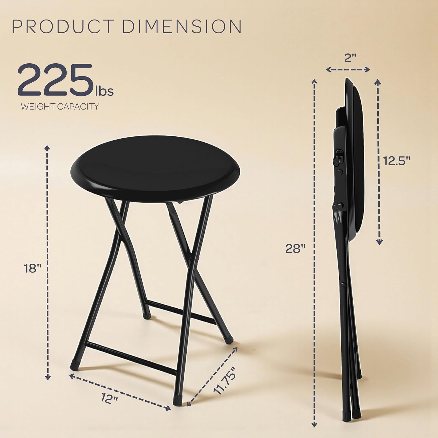 Folding Stool - Backless 18-Inch Stool with 225lb Capacity for Kitchen or Rec Room - Portable Indoor Counter Bar Stools by Lavish Home (Black)