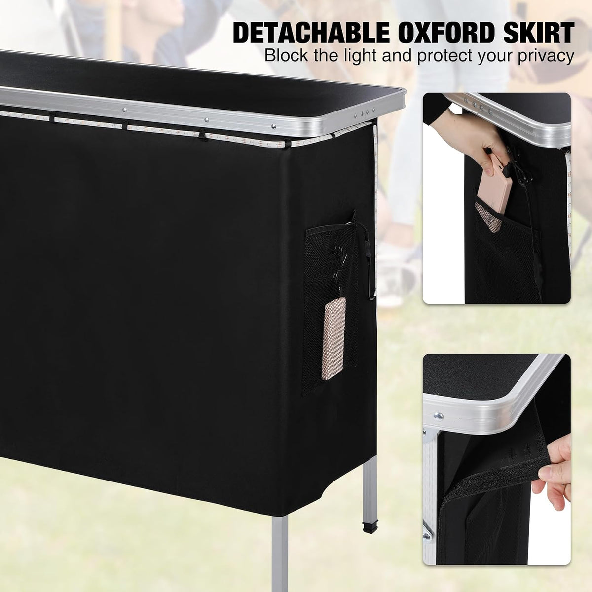 43" Long Portable Bar Table with Remote-Controlled Multi-Color LED Lights, Foldable Mobile Bartender Table for Party, 43"x33"x15" Storage Shelf, Waterproof MDF Top & Removable Skirt (Black)