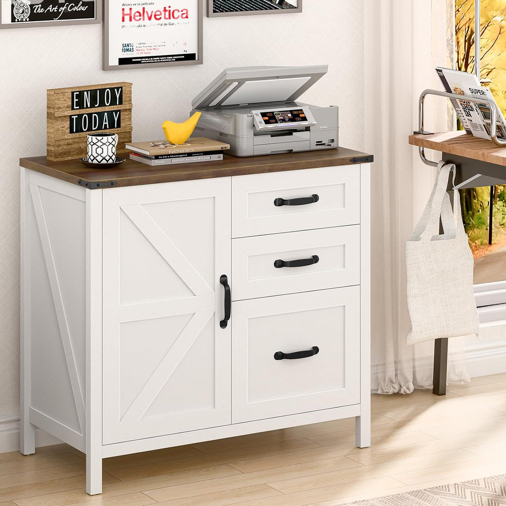 Befrases File Cabinet 3 Drawers Lateral File Cabinet with Adjustable Shelf for Letter/A4 Size Hanging Files, Large Wood File Storage Cabinets Printer Stand for Home Office, Rustic White