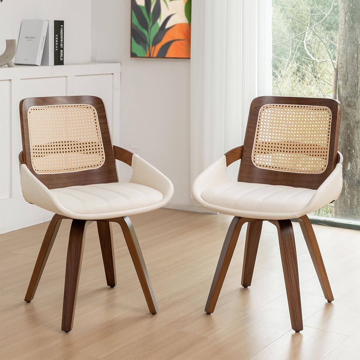 Set of 2 Swivel Dining Chairs - Kitchen Swivel Chairs with Bentwood Frame with Ergonomic Rattan Back, Curved Arms, Walnut Dining Chairs for Kitchen/Conference/Restaurant/Living Room (Walnut Beige)