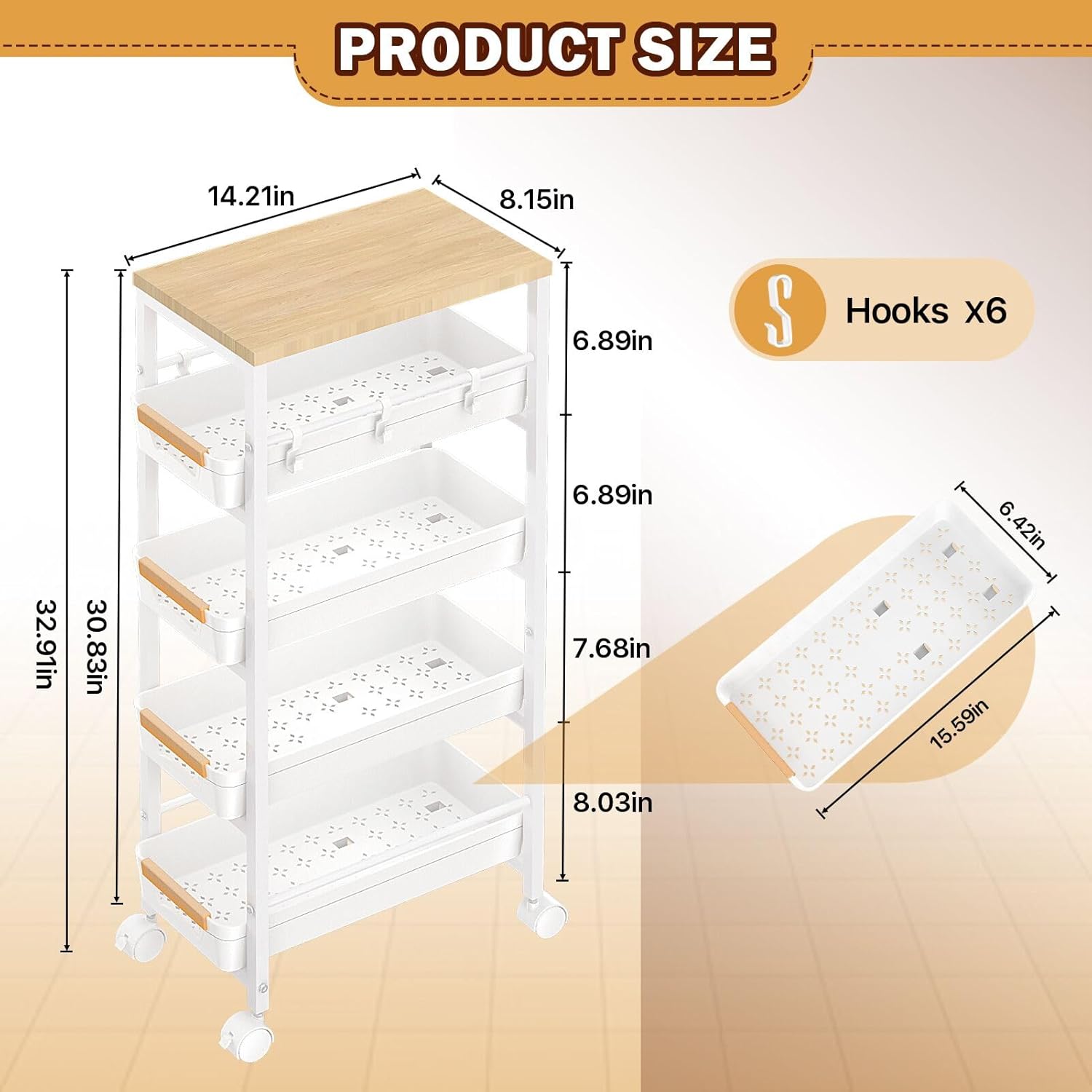 SUNALLY Slim Storage Cart with Wheels, Narrow Kitchen Rolling Cart, White | 5-Tier Skinny Rolling Cart with Wooden Top & Lockable Wheels, Storage Organizer for Bathroom, Laundry Room, Narrow Space