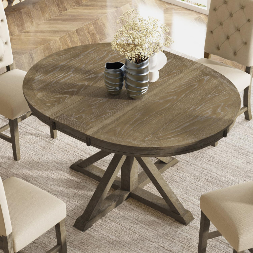 54'' Round Oval Dining Table Extendable Kitchen Table for 4-6, Modern Mid-Century Retro Style Wood Dining Room Table with a 12" Leaf for Living Room Kitchen, Natural Wood Wash