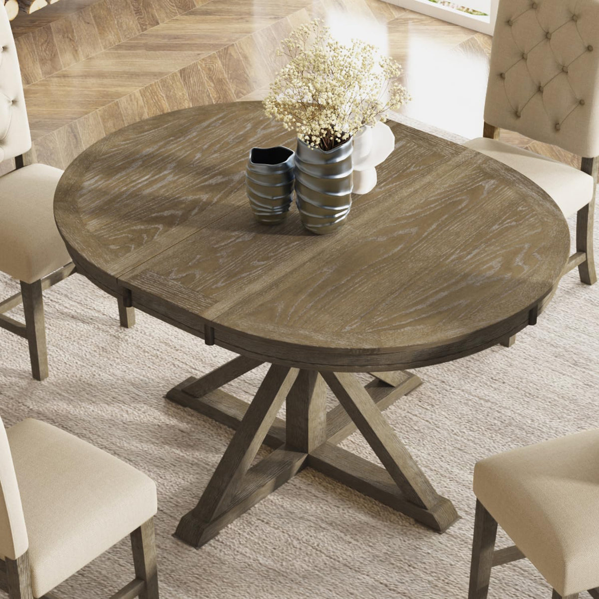 54'' Round Oval Dining Table Extendable Kitchen Table for 4-6, Modern Mid-Century Retro Style Wood Dining Room Table with a 12" Leaf for Living Room Kitchen, Natural Wood Wash