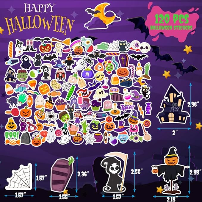 120 Pcs Halloween Stickers, Halloween Stickers for Kids, Kids Halloween Party Favors Classroom Crafts, Decorations, Gifts, Halloween Party Supplies