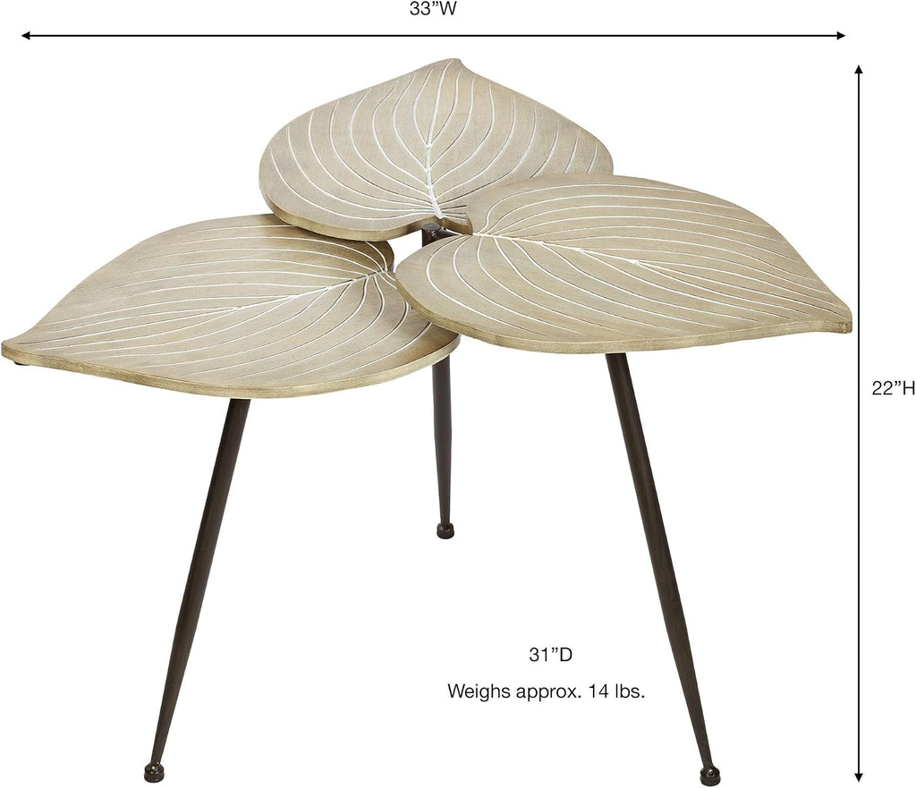 Delft Isle Natural-Inspired Shaped Accent Table | Neutral Almond Finish with Whitewash Detailing | Three-Tiered Leaf Tabletop with Veining | Black Tripod Metal Legs | Whimsical Leaves Wood Furniture