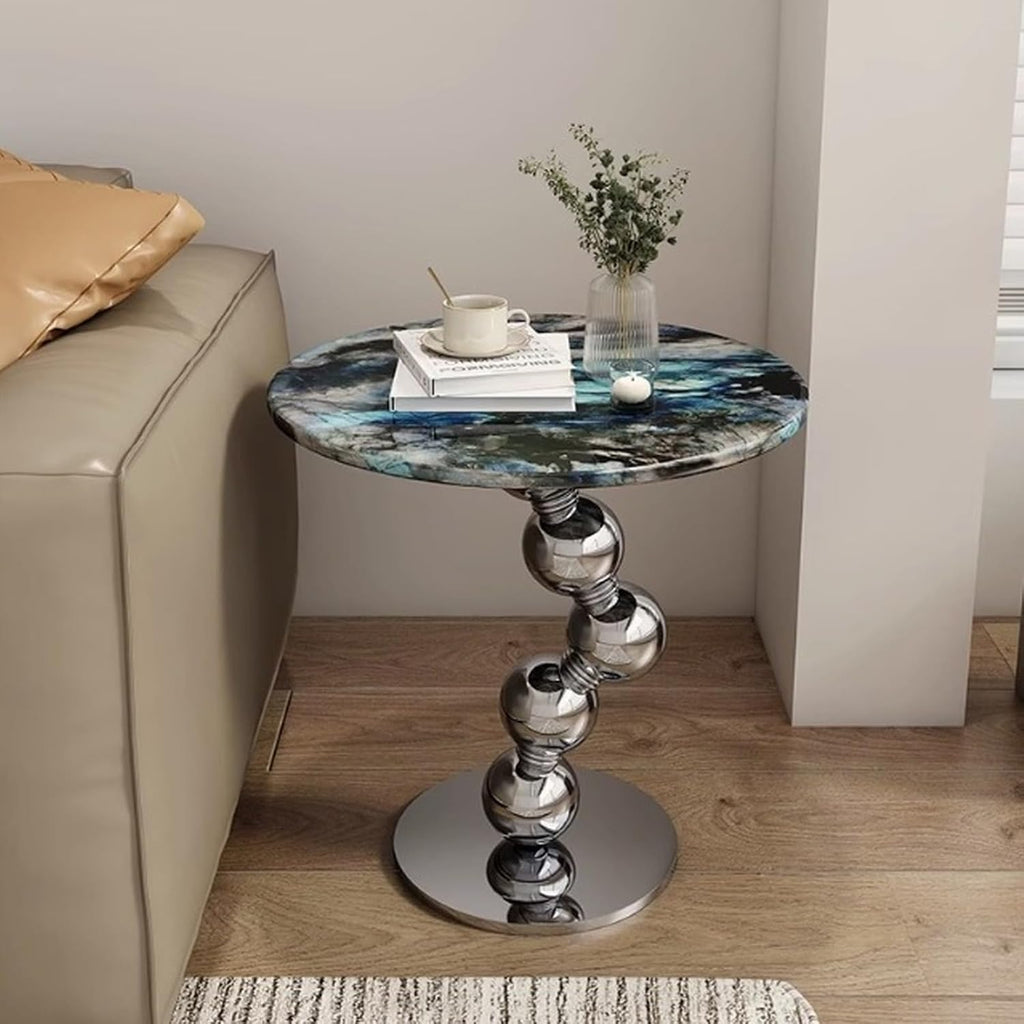 Stylish Round Side Table, Modern Faux Marble Coffee Table, Decorative Small End Table for Sofa, Living Room or Bedroom, Blue