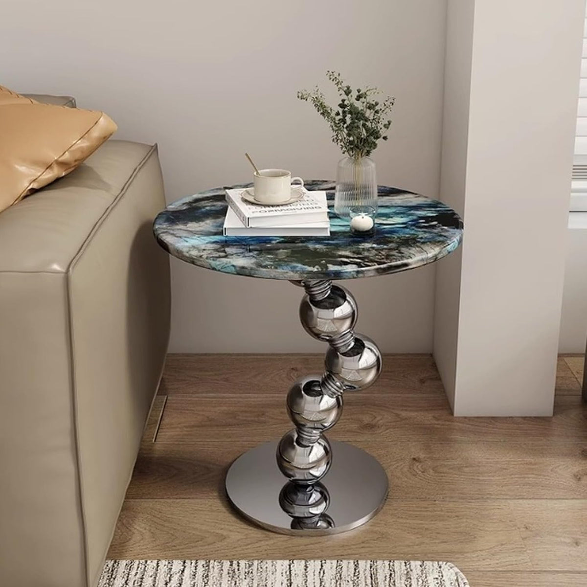 Stylish Round Side Table, Modern Faux Marble Coffee Table, Decorative Small End Table for Sofa, Living Room or Bedroom, Blue