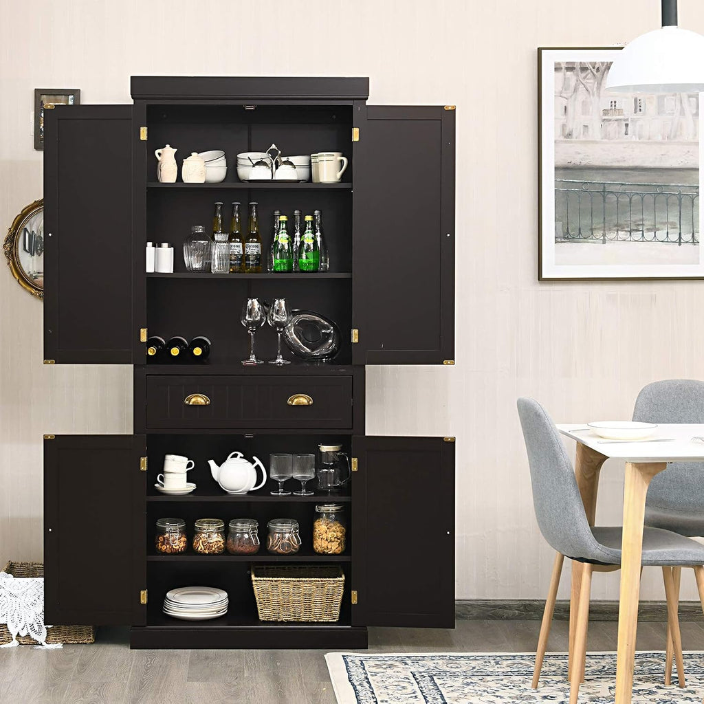 72" Kitchen Pantry Cabinet, Kitchen Cupboard with 2 Double-Doors Cabinet, Large Drawer, 4 Adjustable Shelves, Traditional Tall Storage Cabinets for Dining Room, Bathroom, Brown