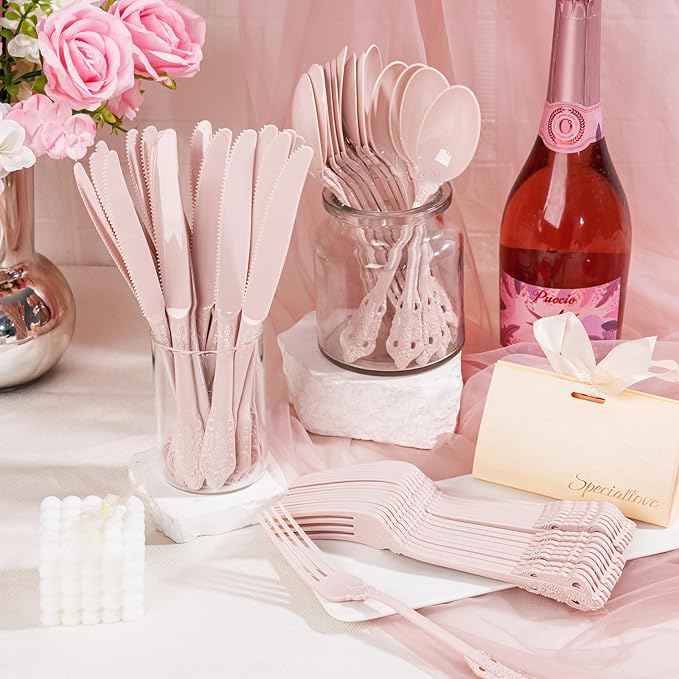 WDF 120 Pieces Heavy Duty Pink Plastic Silverware - Pink Plastic Cutlery Set - Disposable Pink Utensils - Disposable Flatware Includes 40 Forks, 40 Spoons, 40 Knives for Party, Wedding