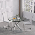 36" Luxury Glass Dining Table Set for 2, 3 Piece Modern Round Dining Tables with 2 White Leather Chairs, Dining Room Tables with Stainless Steel Base, Silver Kitchen Table and Chair Set for 2