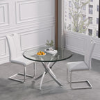 36" Luxury Glass Dining Table Set for 2, 3 Piece Modern Round Dining Tables with 2 White Leather Chairs, Dining Room Tables with Stainless Steel Base, Silver Kitchen Table and Chair Set for 2