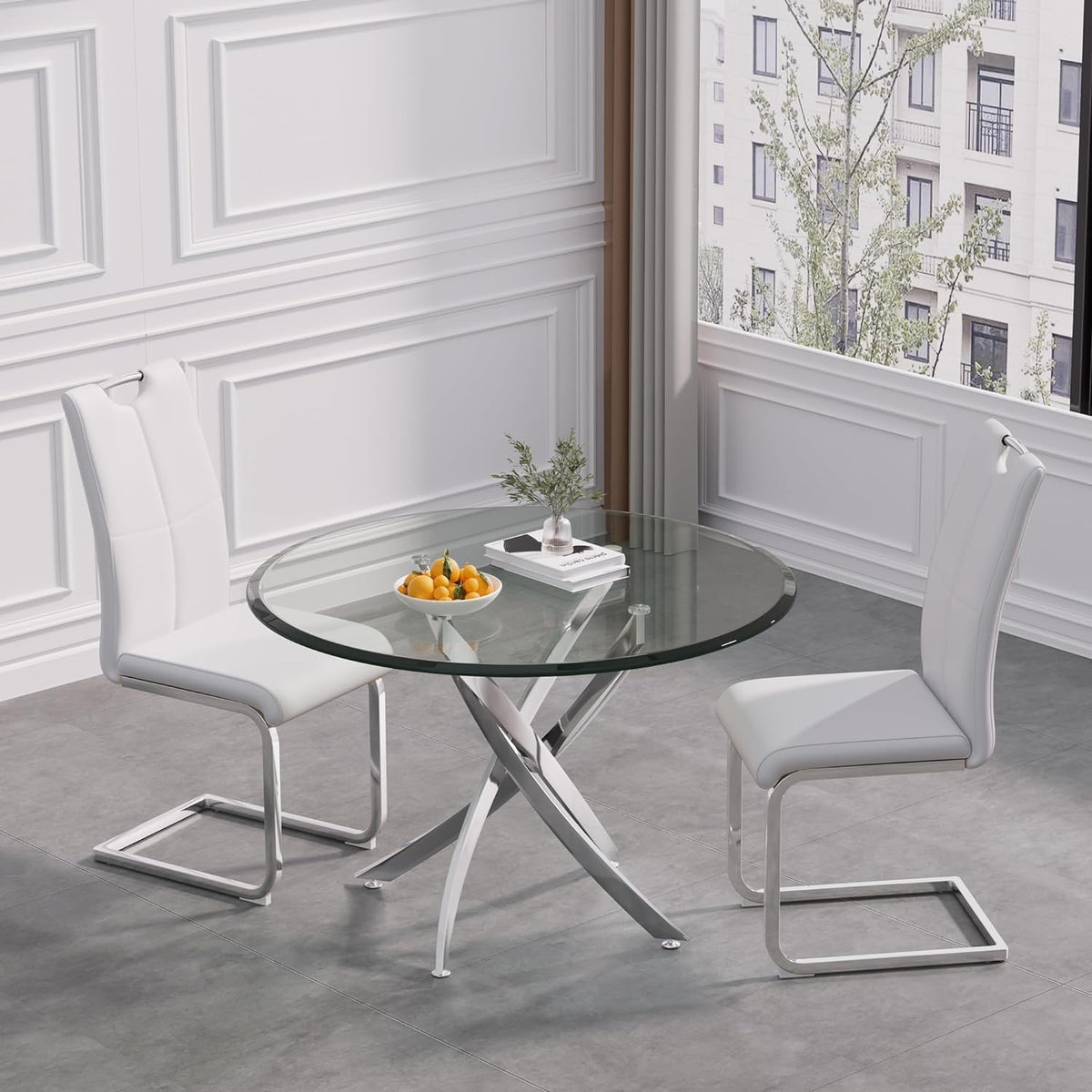 36" Luxury Glass Dining Table Set for 2, 3 Piece Modern Round Dining Tables with 2 White Leather Chairs, Dining Room Tables with Stainless Steel Base, Silver Kitchen Table and Chair Set for 2