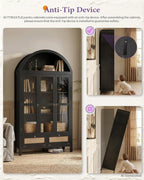 TYBOATLE 75'' Arched Cabinet with 3 Glass Doors, Pantry Cabinet for Kitchen | Arch Cabinet, Pantry Cupboard with Rattan Drawers and Anti-Tip Device, Farmhouse Pantry for Kitchen Bathroom, Black