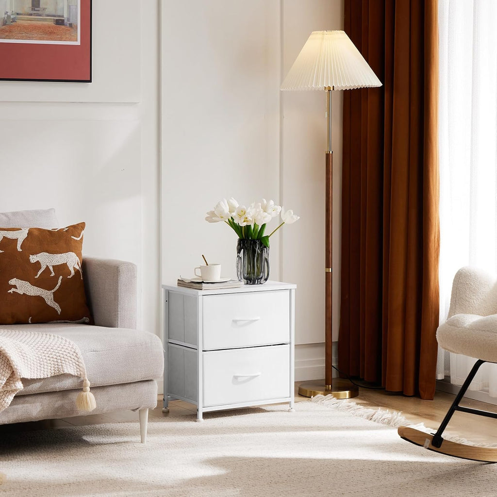 DUMOS Night Stand Small Dresser for Bedroom with 2 Drawers, Bedside Table | Fabric Bedside Storage Furniture, 20 Inch Tall End Side Table for Closet, Bedroom, White