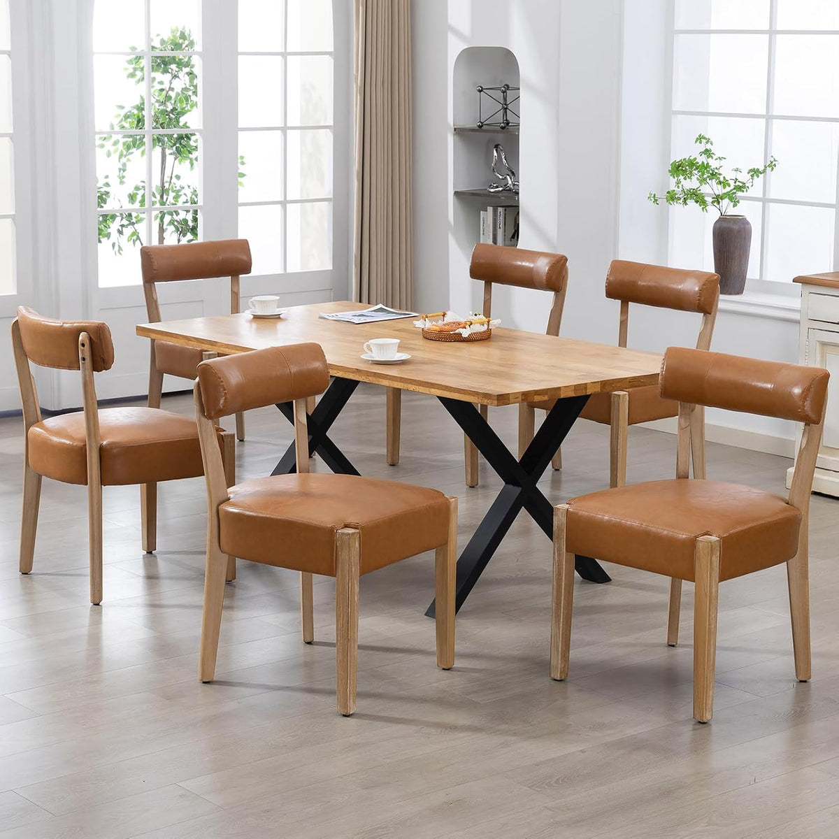 ZJhome Modern Dining Chairs Set of 6– Mid-Century Modern Faux Leather Upholstered Kitchen & Dining Room Chairs with Curved Back, Oversized Rounded Seat, Sturdy Wood Frame, Brown