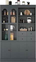 roomfitters 75 Inch Tall Kitchen Pantry Buffet Hutch with 4 Drawers and Glass Doors, Shaker Style, Gray