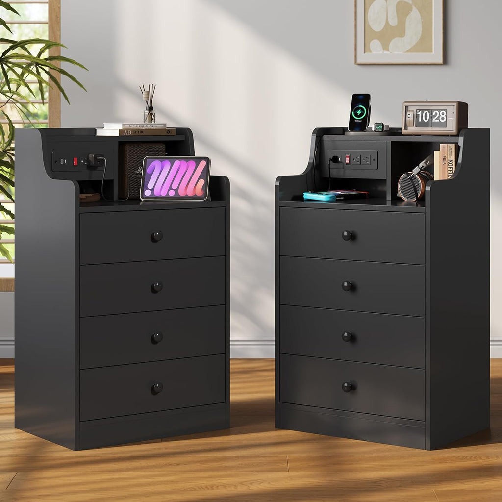 ADORNEVE Black Nightstand Set of 2,Bedside Table with 4 Drawers | Night Stand with Charging Station & Hutch,Large Nightstands Set of 2,Night Stands for Bedrooms,Side Tables Bedroom