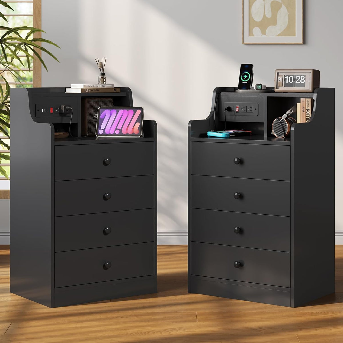 ADORNEVE Black Nightstand Set of 2,Bedside Table with 4 Drawers | Night Stand with Charging Station & Hutch,Large Nightstands Set of 2,Night Stands for Bedrooms,Side Tables Bedroom