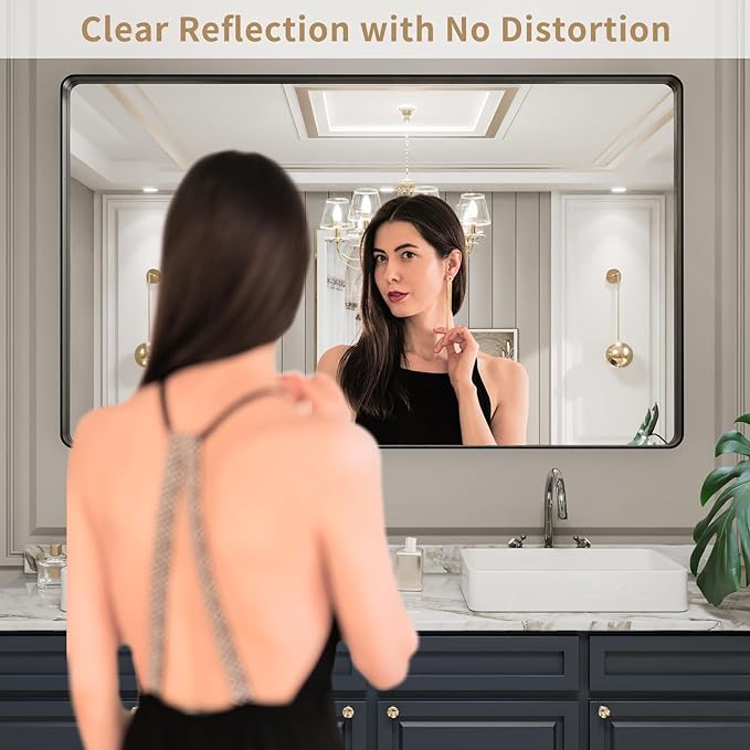 LOAAO 60X30 Inch Black Metal Framed Bathroom Mirror for Wall, Matte Black Bathroom Vanity Mirror Farmhouse, Large Rounded Rectangle Mirror, Anti-Rust, Tempered Glass, Hangs Horizontally or Vertically