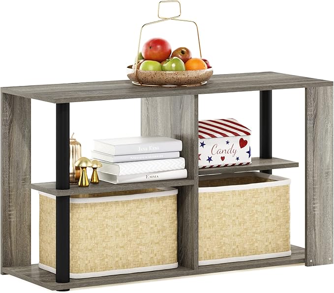 Furinno Romain Narrow End Table with Shelves, French Oak/Black